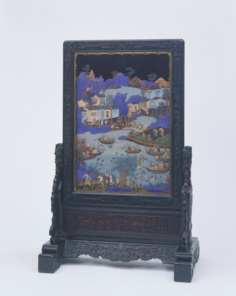 图片[1]-Red sandalwood side seat inlaid with green dye teeth, fisherman’s music picture inset-China Archive